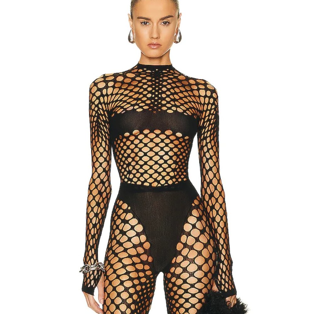 NEW Jean Paul Gaultier Long Sleeve High Neck Top Black Perforated Mesh Small S